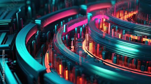 Computer technology abstraction with connected hardware or data servers in neon lights of wires