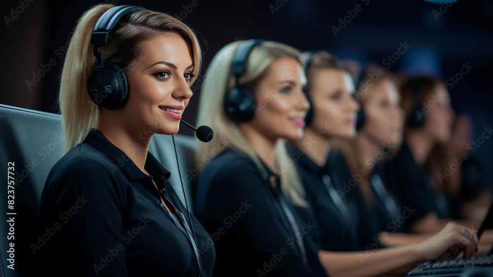 Call center workers. Men and women with headphones and microphone headset. Call center workers. Men and women with headphones and microphone headset.