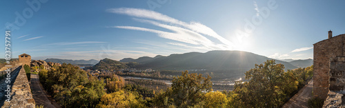 Panoramic photography from the Ainsa wall with views of the Ara River and Cerro Partara, Huesca, Spain