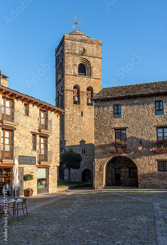 
In the Plaza Mayor of Ainsa we can see the bell tower, called Torre Rocher, Huesca, Spain.