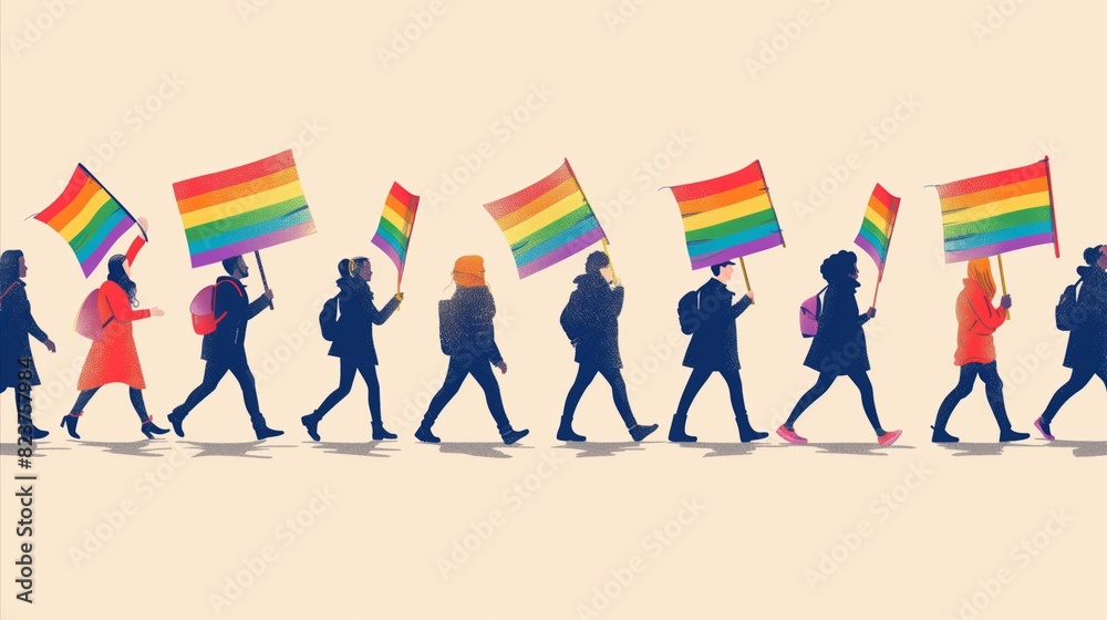 Obraz premium People Marching with Rainbow Flags in Support of LGBTQ+ Rights