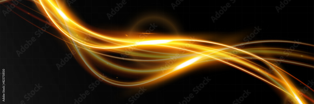 Obraz premium Light wave,shiny gold lines.Color glowing design element.Wavy bright stripes.Vector illustration. 