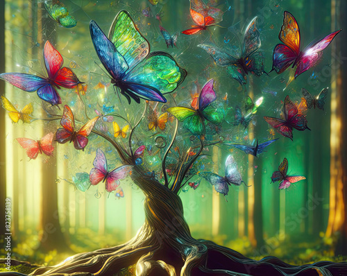 Glasartige Schmetterling fliegen in einem Wald, und bilden einen Baum photo