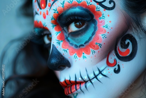 Calavera Catrina in charcoal theme with intricate makeup celebrating Day of the Dead photo