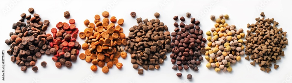 Complete nutrition pet food arrangement, focus on details, organic theme, whimsical, multilayer, pure white background Complete nutrition pet food arrangement, focus on details, organic theme, whimsical, multilayer, pure white background
