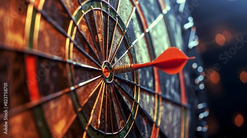 Macro photograph depicting a dart striking the bullseye on a dartboard, exemplifying accuracy and skillful aim. photo