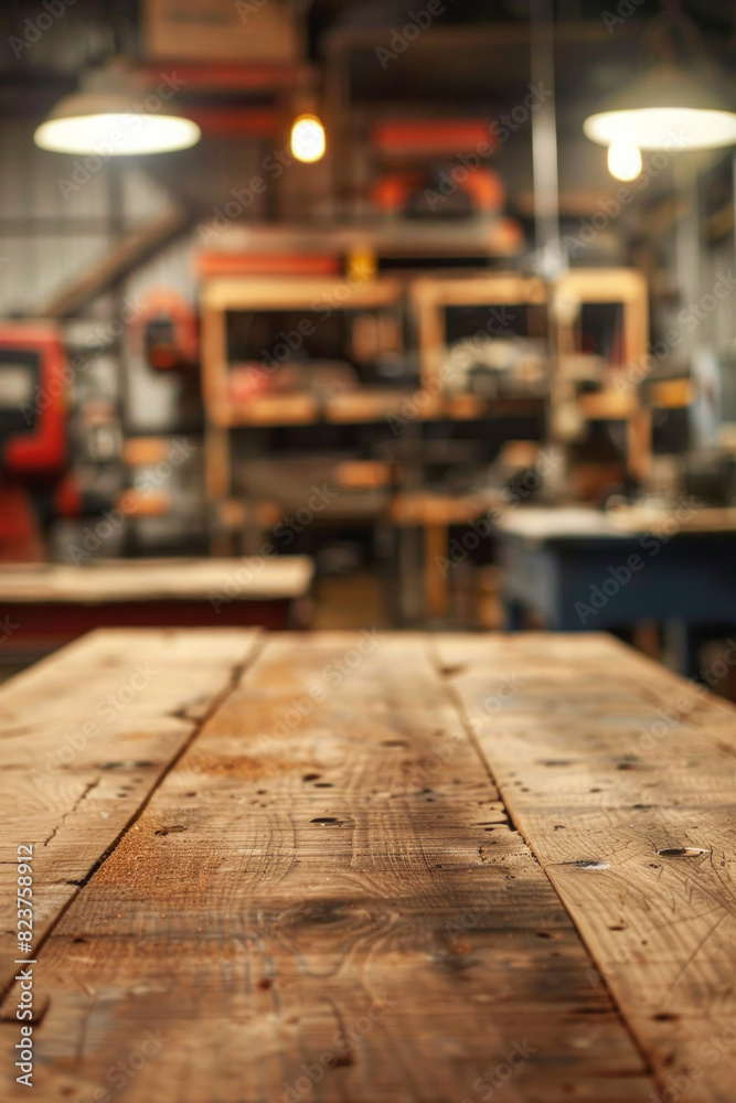 A wooden workbench in the foreground with a blurred background of an industrial workshop. The background includes various tools and equipment, metalworking machines, safety gear, and shelves. A wooden workbench in the foreground with a blurred background of an industrial workshop. The background includes various tools and equipment, metalworking machines, safety gear, and shelves.