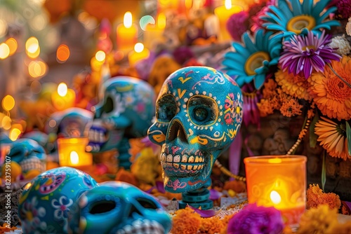 Vibrant Day of the Dead altar with elaborate decorations and lively dancing Catrina skeletons