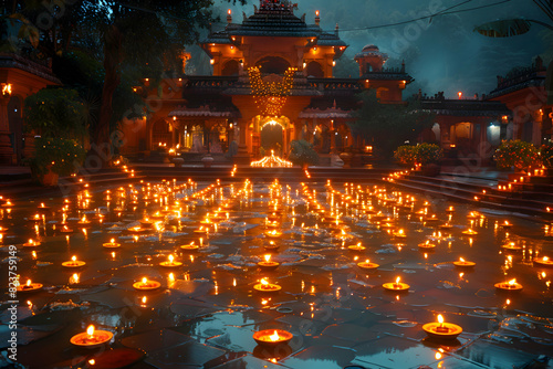 A courtyard filled with oil lamps, casting a beautiful glow over the Eid-al-Adha celebrations