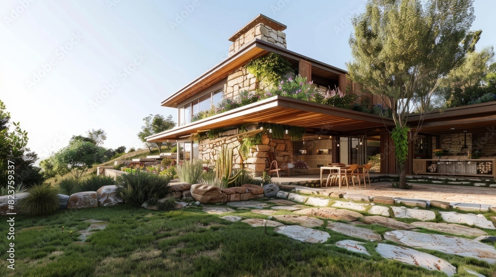 Ecological passive house with a rustic design, characterized by natural materials such as stone, wood and adobe generative ai Ecological passive house with a rustic design, characterized by natural materials such as stone, wood and adobe generative ai