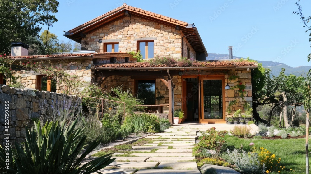 Ecological passive house with a rustic design, characterized by natural materials such as stone, wood and adobe generative ai