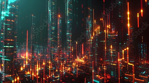 Futuristic Illuminated Metropolis with Towering Skyscrapers and Neon Lights in the Night Sky photo