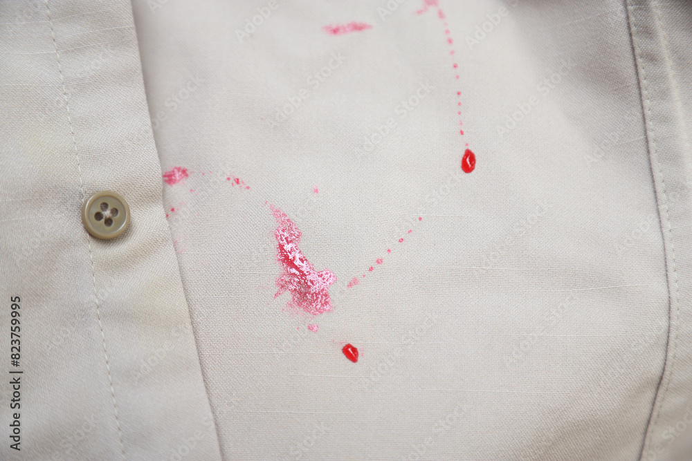 dirty red sweet drink stain on shirt from drinking in dirty stain for cleaning concept dirty red sweet drink stain on shirt from drinking in dirty stain for cleaning concept
