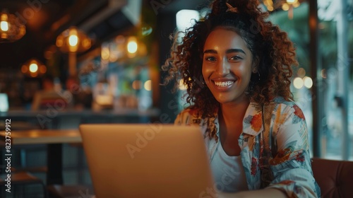 A beautiful mulatto young smiling woman working on a laptop, a freelance girl or a student at a computer in a cafe.