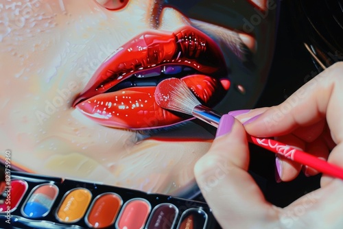 A person with a palette of lipsticks carefully applying color to a model's lips with a brush photo