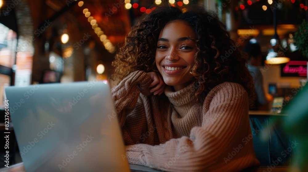 A beautiful young smiling woman working on a laptop,
a freelance girl or a student at a computer in a cafe. A beautiful young smiling woman working on a laptop,
a freelance girl or a student at a computer in a cafe.
