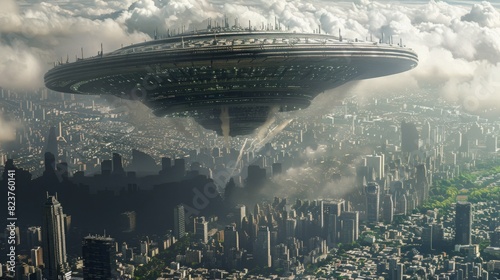 A large alien spacecraft flies over a bustling city, casting a shadow over the buildings below.