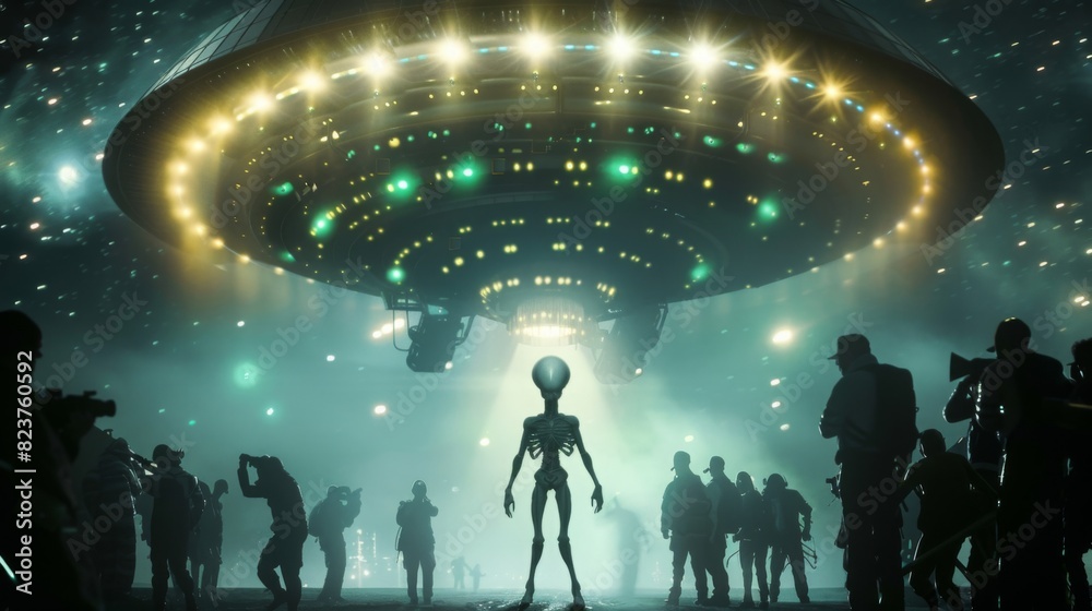A group of individuals standing in front of a towering alien creature, staring in awe and curiosity.