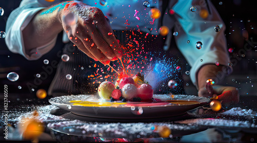 Fototapeta Naklejka Na Ścianę i Meble -  A chef creating a molecular gastronomy dish, detailed close-up, neon accents, photo-realistic, innovative