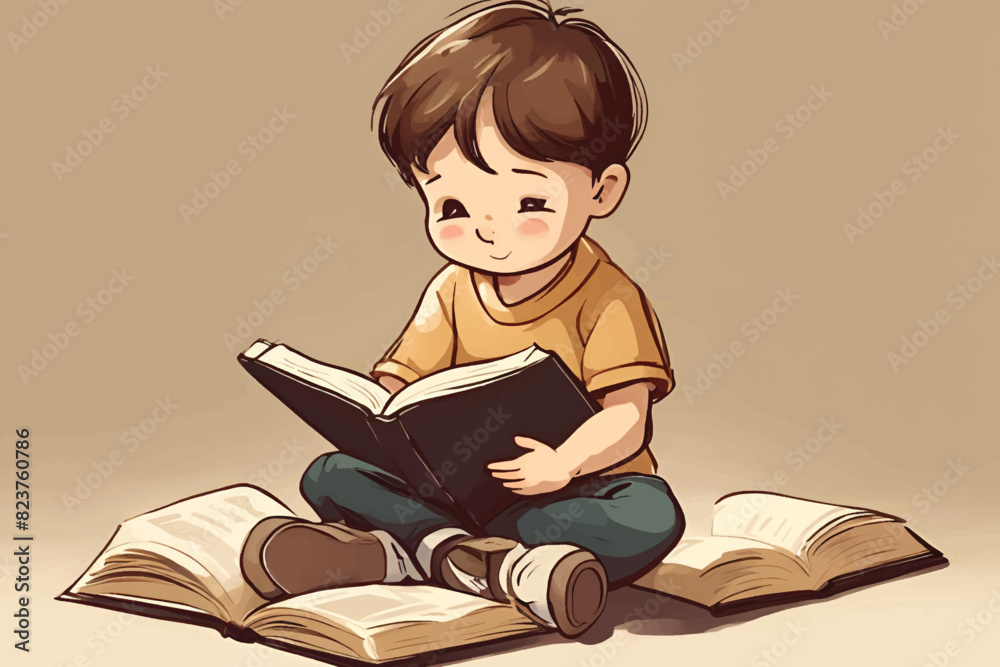 illustration of a cute little boy cross-legged on the floor while reading a very detailed book illustration of a cute little boy cross-legged on the floor while reading a very detailed book