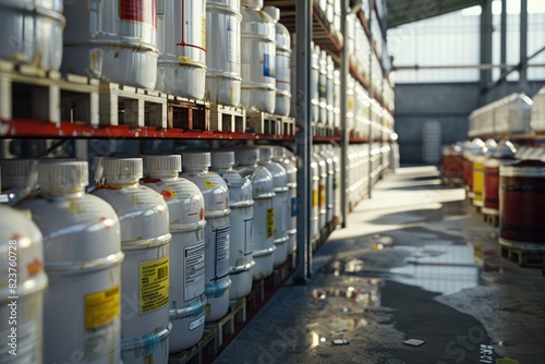Rows of large, labeled containers and barrels storing different types of chemicals