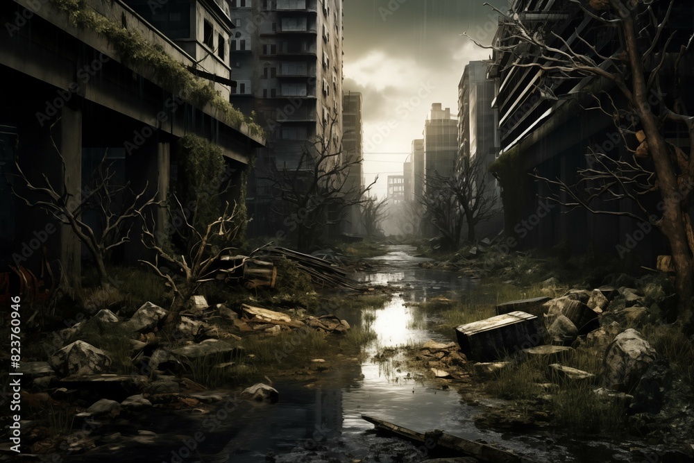 Overgrown urban ruins with puddles and debris, showcasing a post-apocalyptic cityscape with decaying buildings and nature reclaiming the space. Overgrown urban ruins with puddles and debris, showcasing a post-apocalyptic cityscape with decaying buildings and nature reclaiming the space.