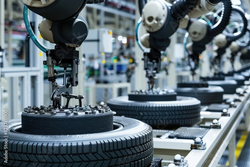 Tire production line A factory assembly line with robotic arms building and assembling car tires from various rubber and synthetic components photo