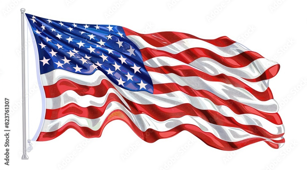 Fototapeta premium The American flag is waving in the wind, white background