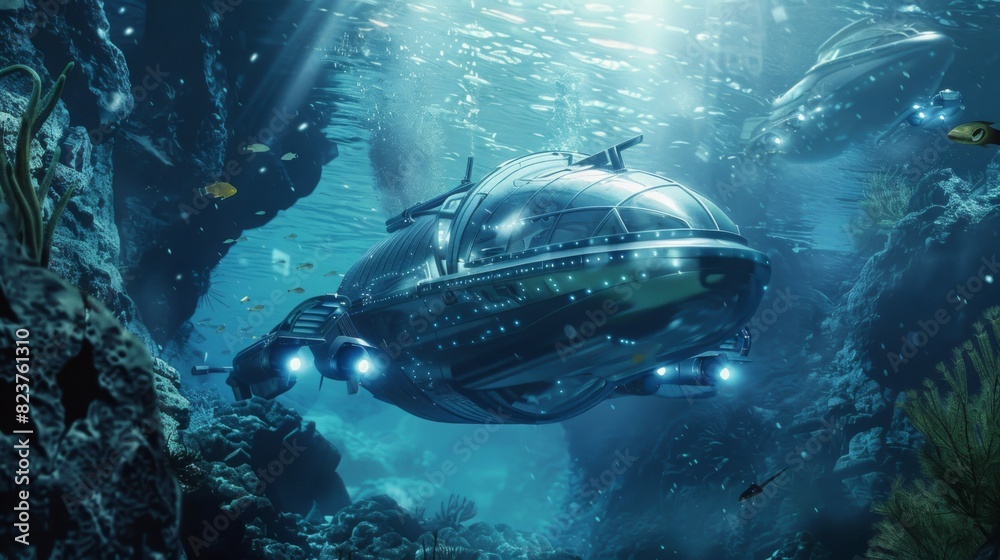 A submarine floats on the surface of a deep blue ocean, with its ...