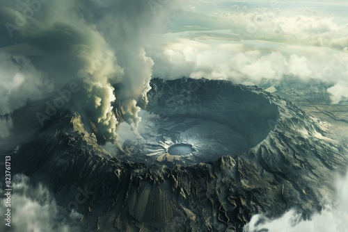 An aerial view of a smoking volcano crater, with billowing smoke and rugged terrain.