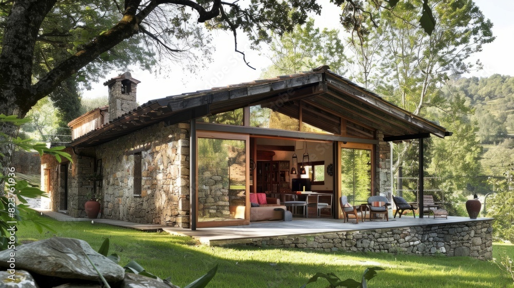 Ecological passive house with a rustic design, characterized by natural materials such as stone, wood and adobe generative ai