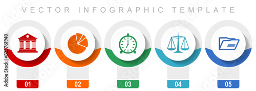 Education icon set, miscellaneous vector icons such as architecture, graph, clock, scales and folder, modern design infographic template, web buttons in 5 color options
