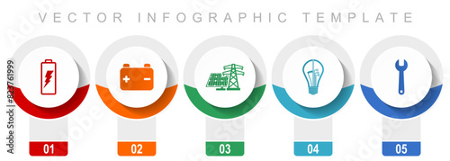 Power and energy icon set, miscellaneous vector icons such as battery, solar power, light bulb and tool, modern design infographic template, web buttons in 5 color options