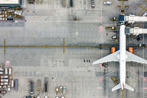 Aerial View of Busy International Airport Cargo Area with Planes Loading and Unloading Goods photo