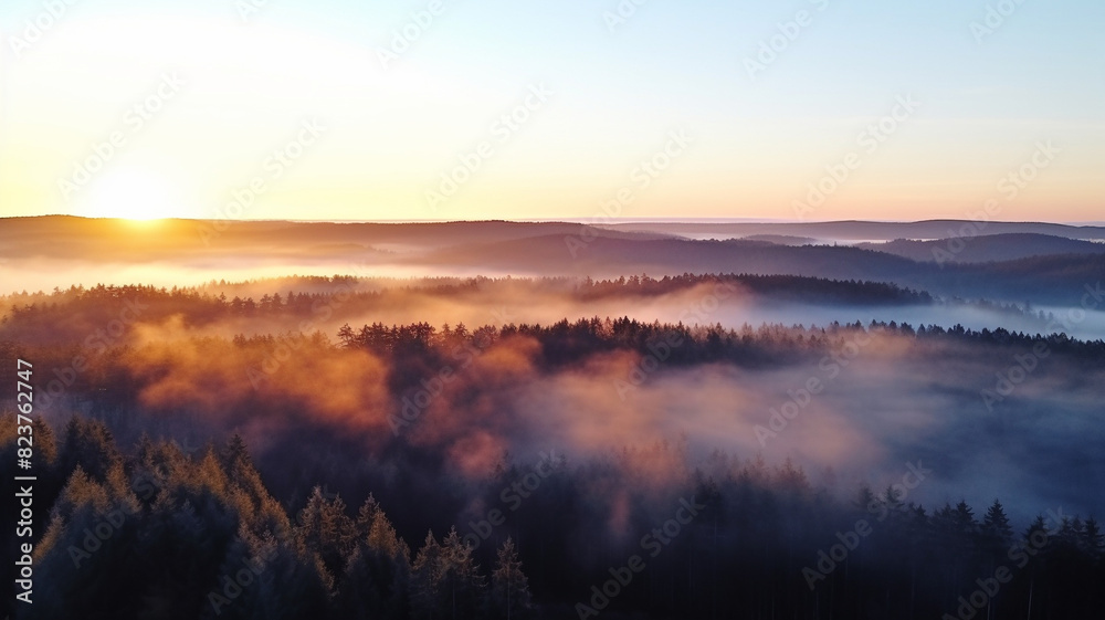 Obraz premium Dawn over the forest. View from a drone.