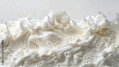 Close up of creamy soap foam texture on a white background, perfect for cleaning, hygiene, and skincare. The frothy bubbles create a luxurious lather, ideal for bath time and pampering