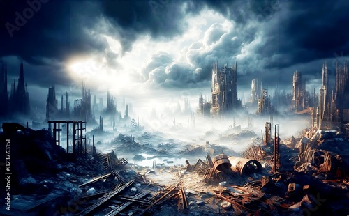 Destroyed City Digital Illustration Industrial Ruins Post Apocalyptic Abandoned. City 3D Render  Survivor Walks through  Epic scenery.