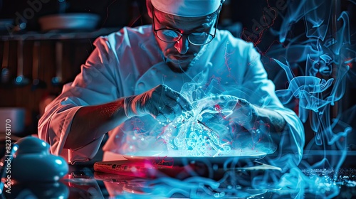 Fototapeta Naklejka Na Ścianę i Meble -  A chef creating a molecular gastronomy dish, detailed close-up, neon accents, photo-realistic, innovative