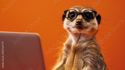 A meerkat with glasses and a surprised expression on his face looks at a laptop on a solid colored background.