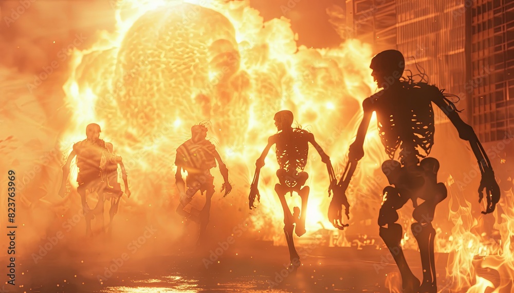 Atomic war with a nuclear bomb, skeletons on fire running in the city, world conflict between nuclear powers.
Atomic war with a nuclear bomb, skeletons on fire running in the city, world conflict between nuclear powers.