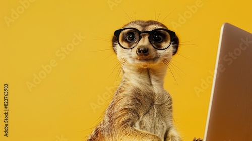 A meerkat with glasses and a surprised expression on his face looks at a laptop on a solid colored background.