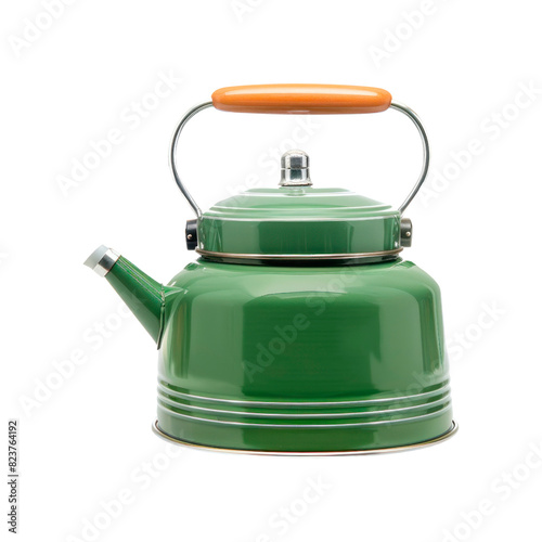Green camping kettle with wooden handle. Isolated on transparent background.