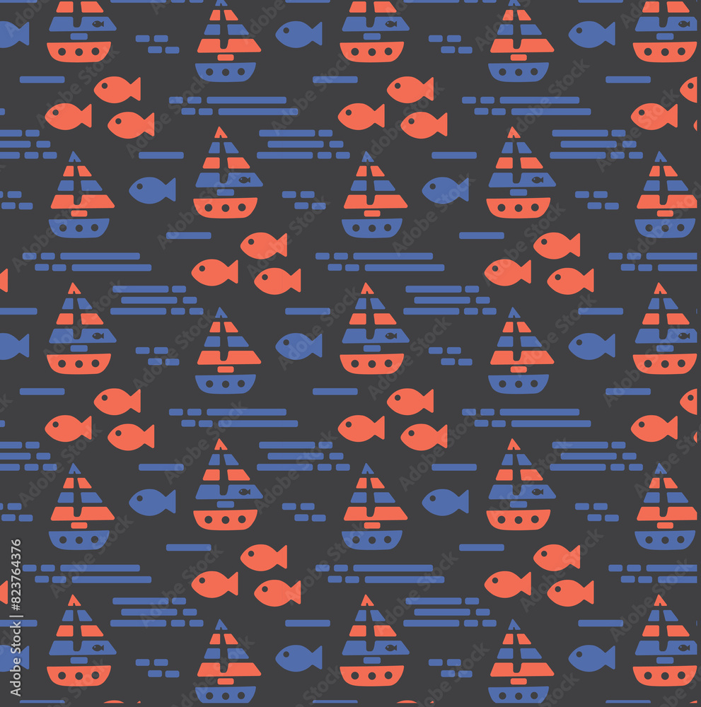 Fototapeta premium Summer Retro abstract pattern with sea fishes and sailboat. Marine summer pattern for print design. Seamless vector pattern. Vector background illustration.