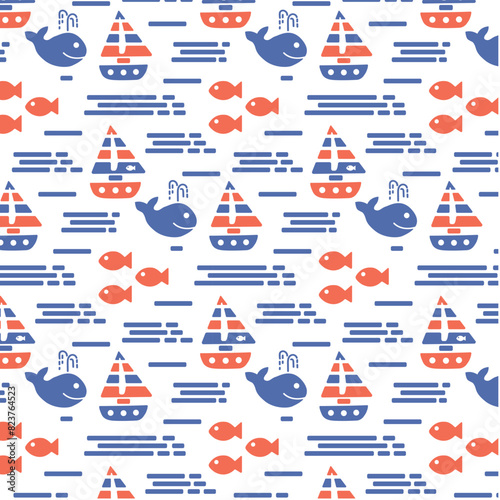 Retro abstract pattern with sea, fish, whales and sailboat. Marine summer pattern for print design. Seamless vector pattern. Vector background illustration.