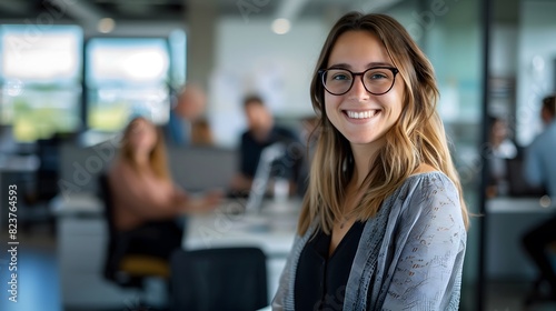 Portrait photography smiling attractive confident professional woman posing at her business office