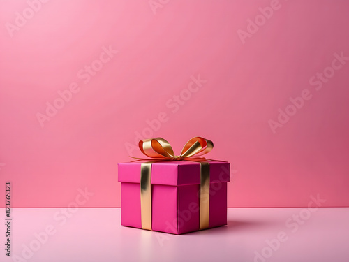 Gift box on a pink table on a vivid background with space for text design.