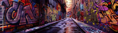 Graffiti Alley: Close-up of a graffiti-covered alleyway, showcasing the city's street art scene and urban culture © Lila Patel