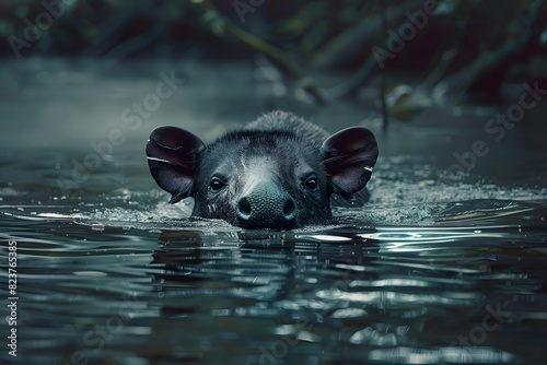 a tapir swims in a deep river