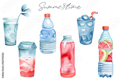 Watercolor set of summer drinks. Set of cocktails, drinks watercolor clipart. Water bottle