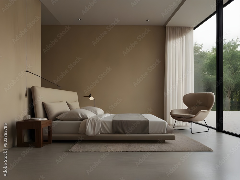 Minimalist interior design of modern bedroom with beig Minimalist interior design of modern bedroom with beig